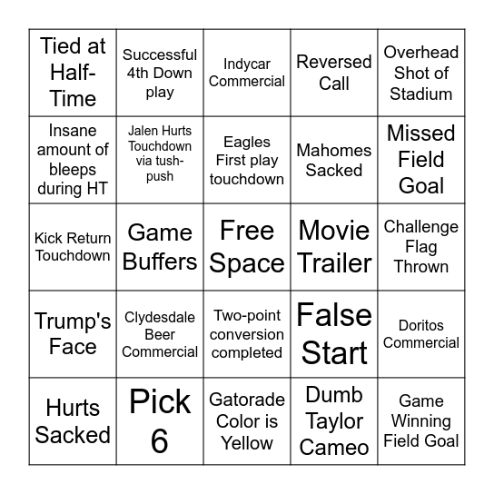 Superbowl 2025 Bingo Card