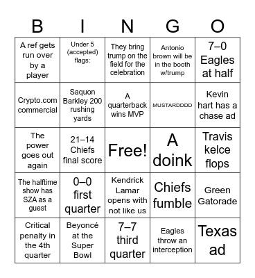 Supa bowl Bingo Card