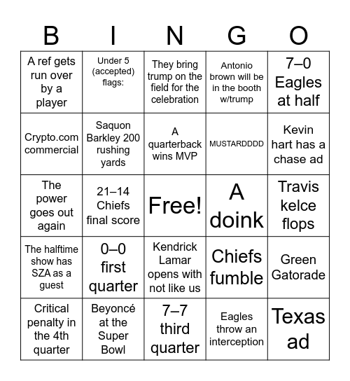 Supa bowl Bingo Card