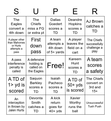Superbowl LIX Bingo Card