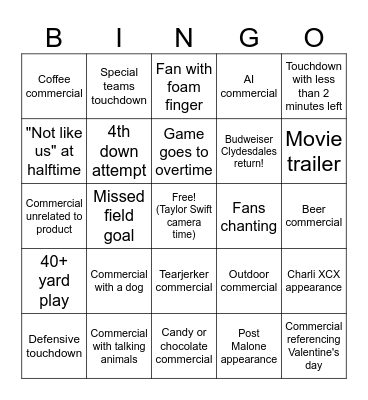 Wesley Super Bowl 2025 Bingo Card