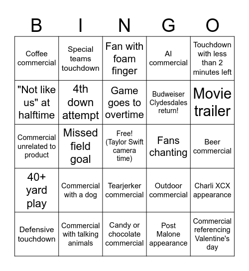 Wesley Super Bowl 2025 Bingo Card