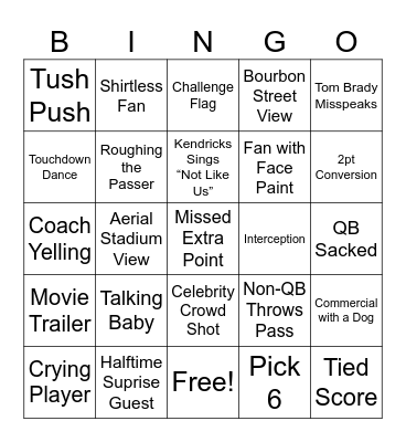 Super Bowl Bingo Card