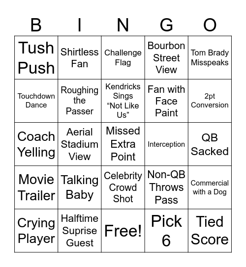 Super Bowl Bingo Card
