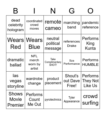 KENDRICK Halftime Bingo Card