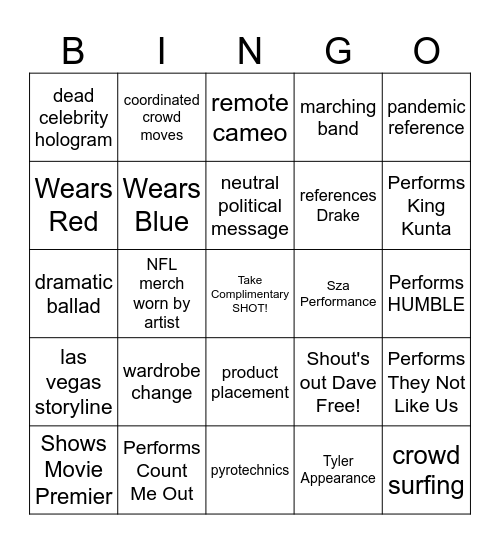 KENDRICK Halftime Bingo Card