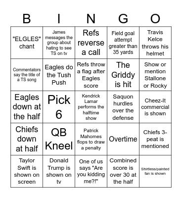 Super Bowl Bingo Card