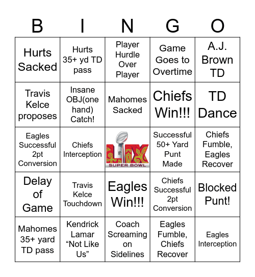 Super bowl LIX Bingo Card