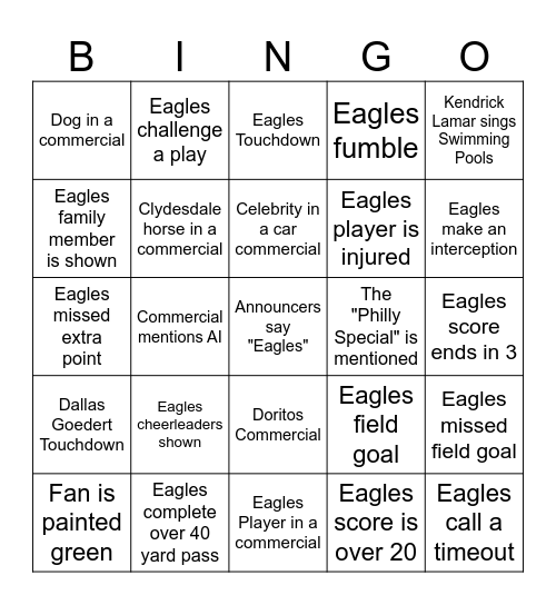 Eagles Bingo Card
