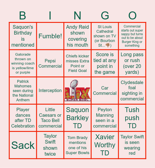 SUPER BOWL LIX SUNDAY Bingo Card