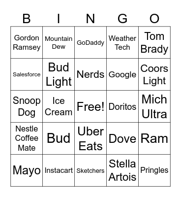 Superbowl Commerical Bingo Card
