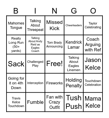 Super Bowl LIX Bingo Card