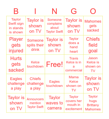 Swiftie Super Bowl Bingo Card
