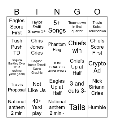 SUPA BOWL Bingo Card