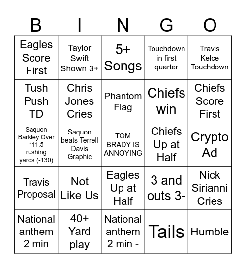 SUPA BOWL Bingo Card