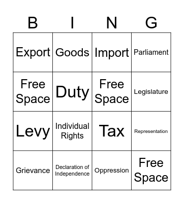 Road to The American Revolution Bingo Card