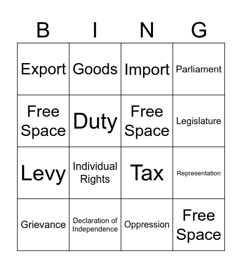 Road to The American Revolution Bingo Card