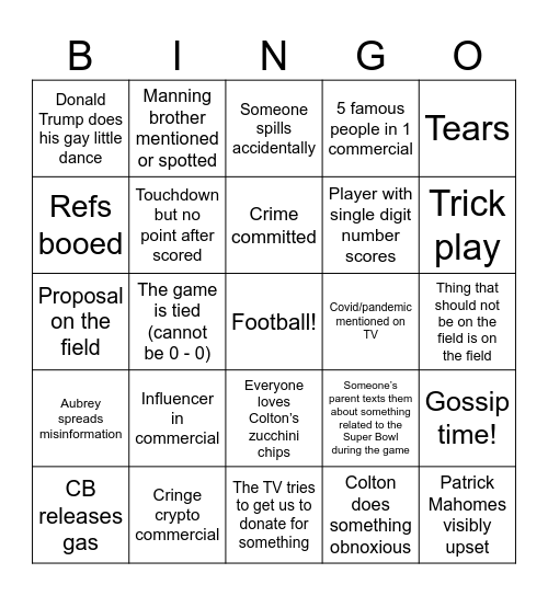 Super Bowl 2025 Bingo Card