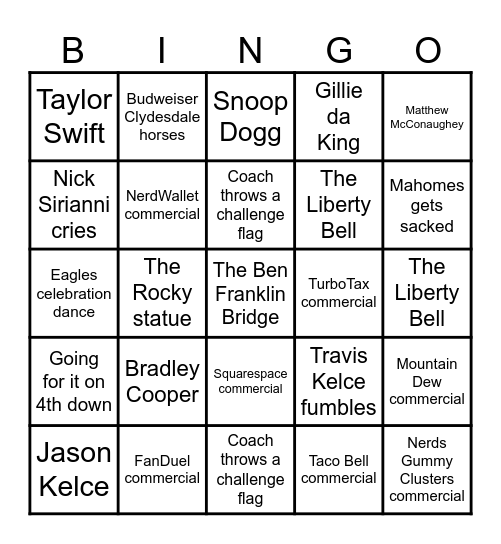 Super Bowl Bingo - Go Birds! Bingo Card