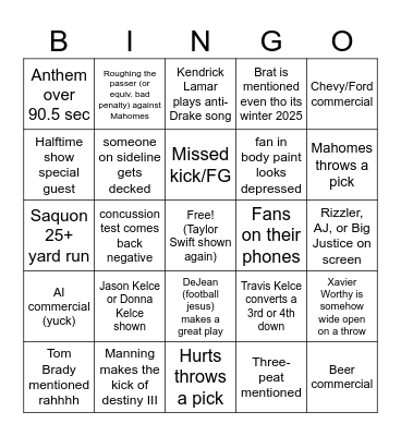 Superbowl 2025 Bingo Card