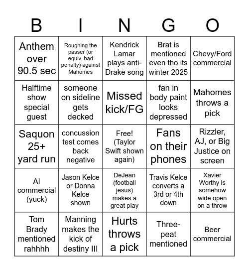 Superbowl 2025 Bingo Card