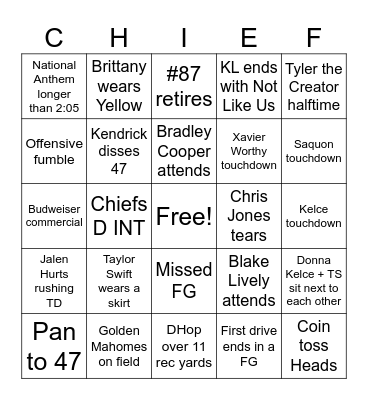 Super Bowl Bingo Card