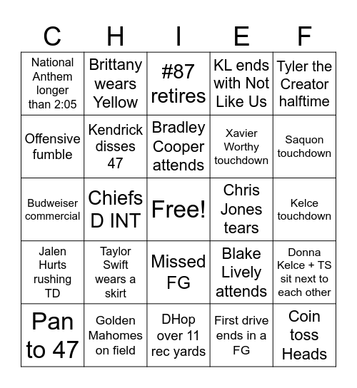 Super Bowl Bingo Card