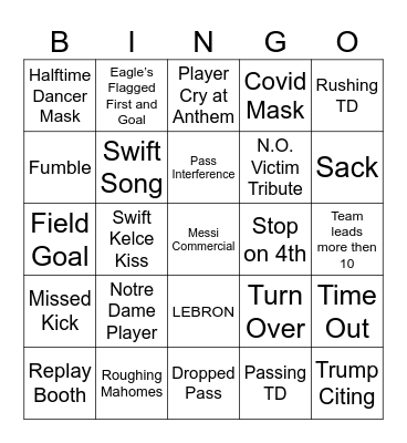Super Bowl Bingo Card