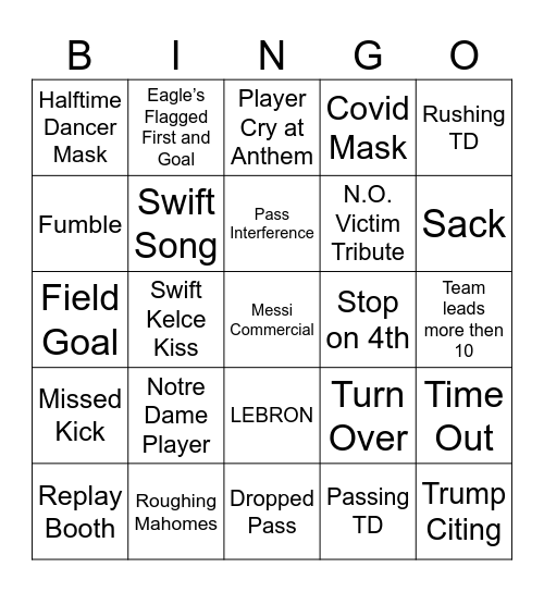 Super Bowl Bingo Card