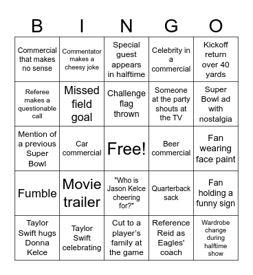 Super Bowl Bingo Card