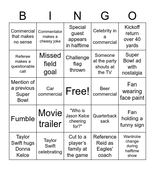 Super Bowl Bingo Card