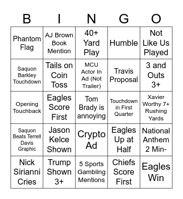 Supa Bowl Bingo Card