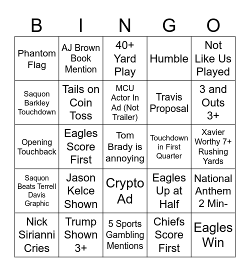 Supa Bowl Bingo Card