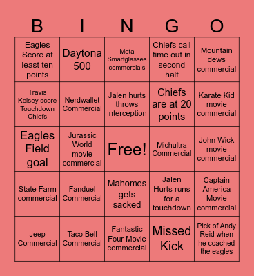 Super Bowl 2025 Bingo Card