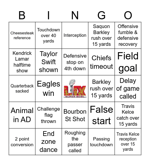 Super Bowl 2025 Bingo Card