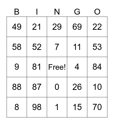 Superbowl Fun Bingo Card
