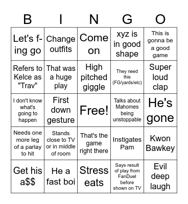 David's Superbowl Bingo Card