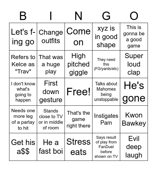 David's Superbowl Bingo Card