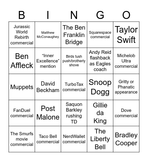 Super Bowl Bingo - Go Birds! Bingo Card