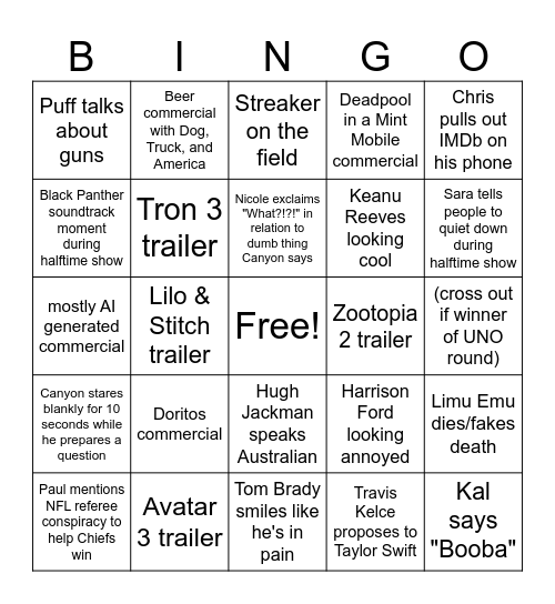 "Super Bowl" LIX Bingo Card