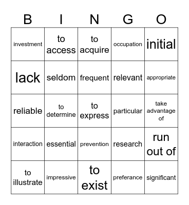 Vocabulary Bingo Card