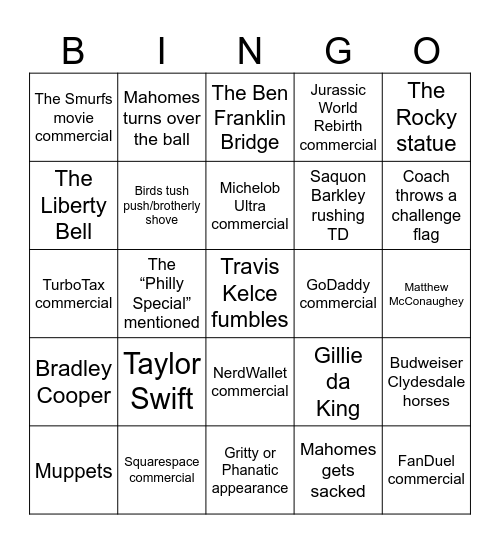 Super Bowl Bingo - Go Birds! Bingo Card