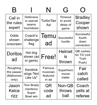 Super Bowl Bingo! Bingo Card