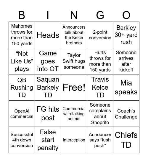 Super Bowl 59 Bingo Card