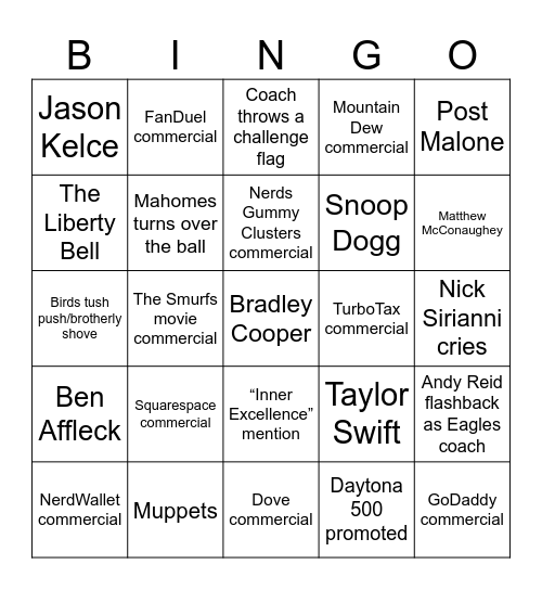 Super Bowl Bingo - Go Birds! Bingo Card