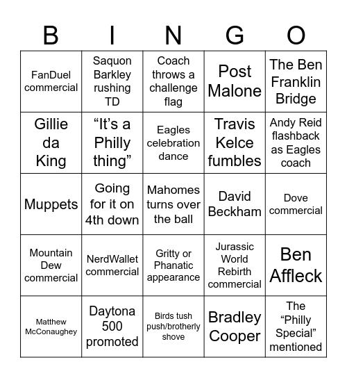 Super Bowl Bingo - Go Birds! Bingo Card