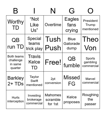 Chiefs vs Eagles Bingo Card