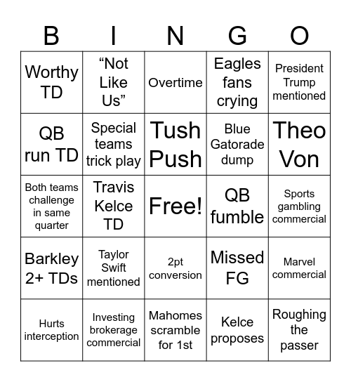 Chiefs vs Eagles Bingo Card
