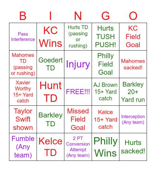 StuperBowl Bingo Card