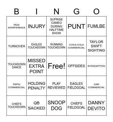 Super Bowl BINGO Card